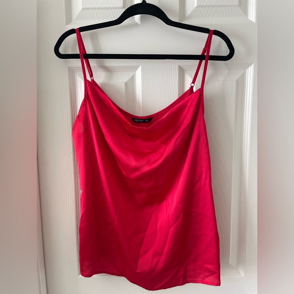 SHIEN curve Red Cowl Neck Satin Cami Top